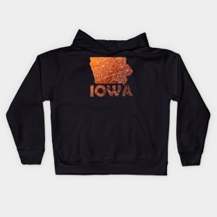 Colorful mandala art map of Iowa with text in brown and orange Kids Hoodie